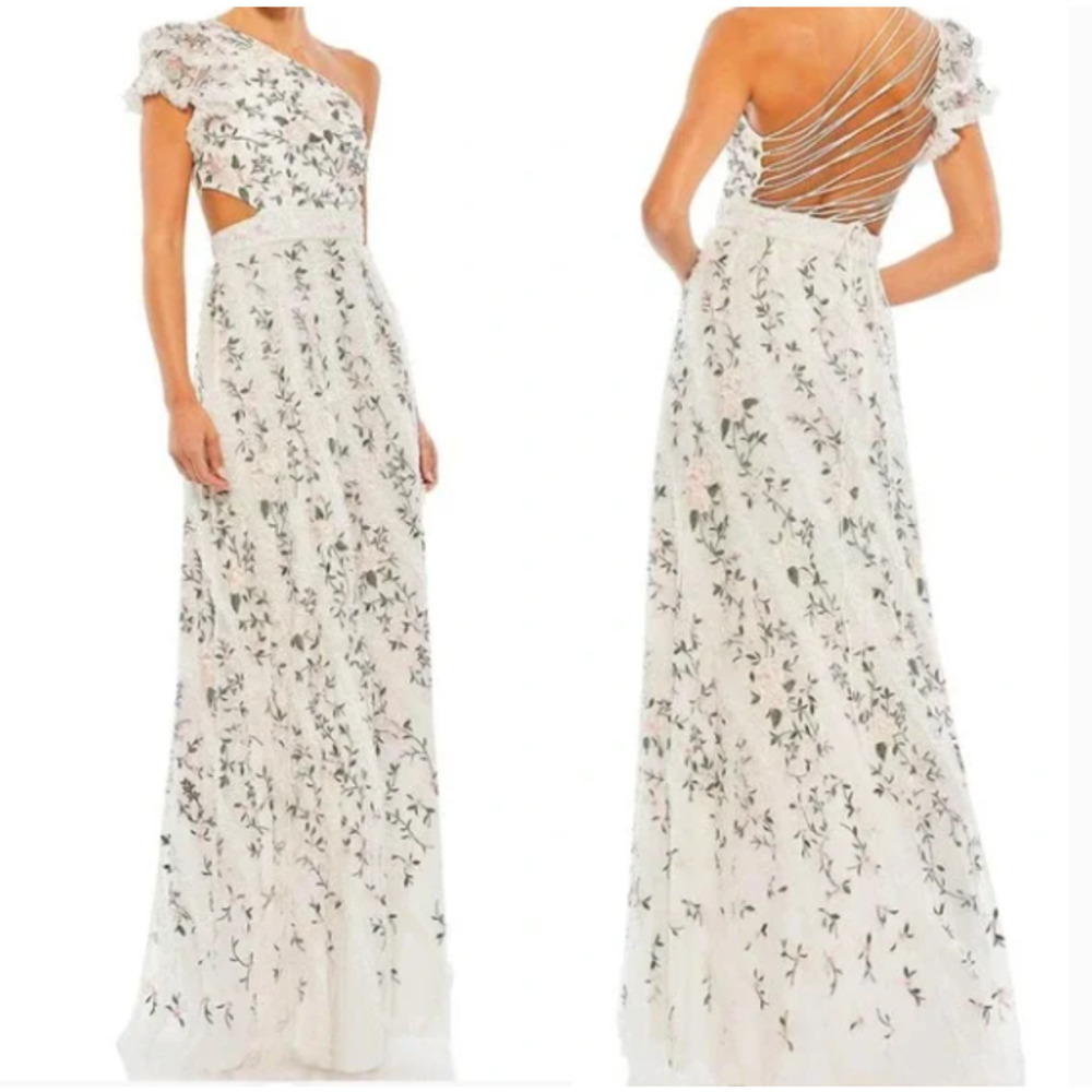 NWT Mac Duggal Floral Embroidered Gown Ivory Evening Maxi Dress Size 10